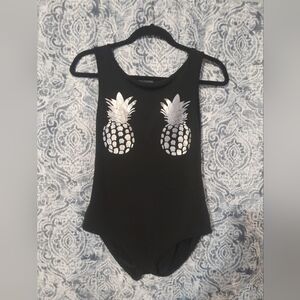 HAODUOYI Black Bodysuit with Silver Pineapples